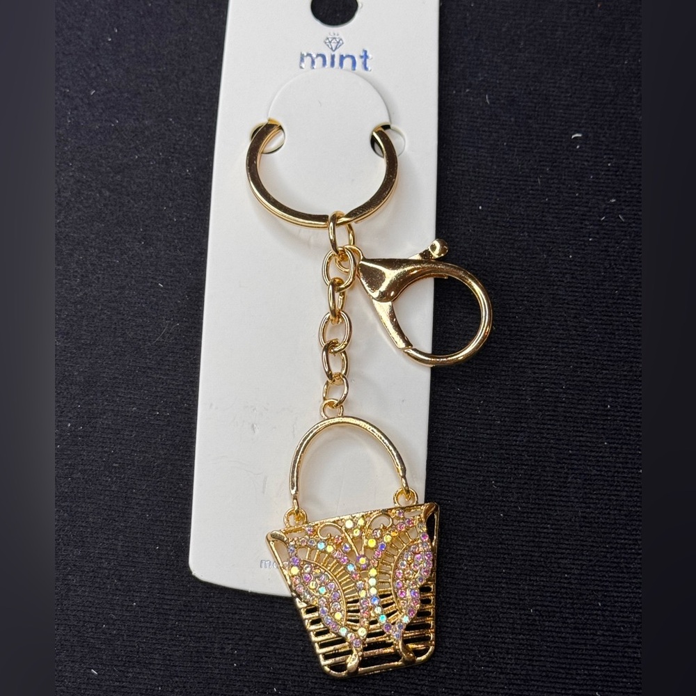 BAG CHARM Mint Gold and Iridescent Crystal Butterfly Tote Bag Purse Key Holder